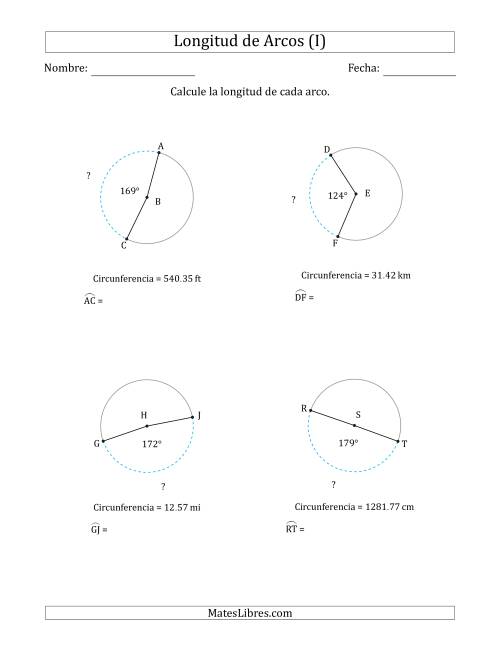 La hoja de ejercicios de Calcular la Longitud de un Arco a partir de la Circunferencia (I)