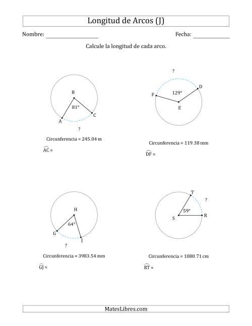 La hoja de ejercicios de Calcular la Longitud de un Arco a partir de la Circunferencia (J)