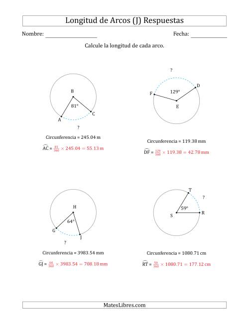 La hoja de ejercicios de Calcular la Longitud de un Arco a partir de la Circunferencia (J) Página 2