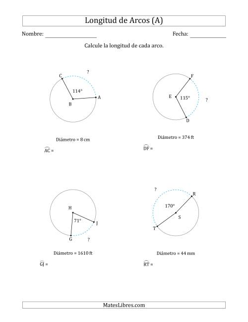 La hoja de ejercicios de Calcular la Longitud de un Arco a partir del Diámetro (A)