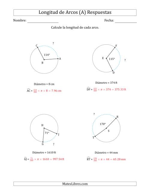 La hoja de ejercicios de Calcular la Longitud de un Arco a partir del Diámetro (A) Página 2
