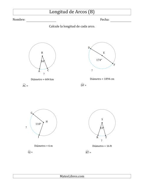 La hoja de ejercicios de Calcular la Longitud de un Arco a partir del Diámetro (B)