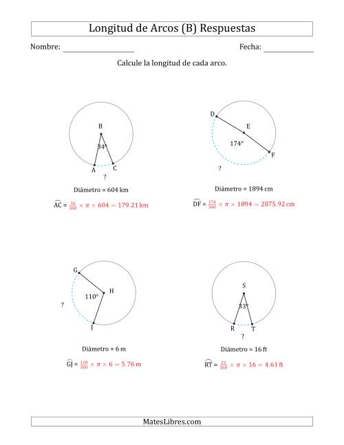 La hoja de ejercicios de Calcular la Longitud de un Arco a partir del Diámetro (B) Página 2
