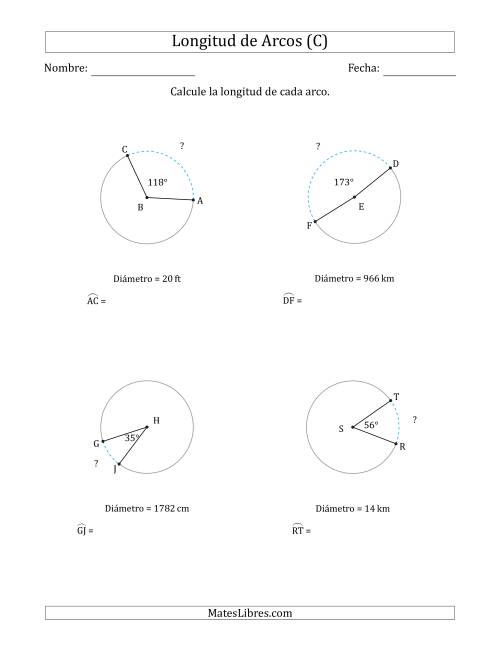 La hoja de ejercicios de Calcular la Longitud de un Arco a partir del Diámetro (C)