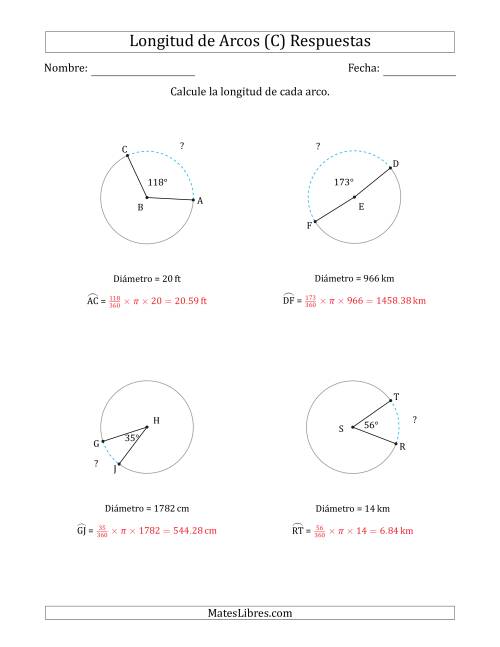 La hoja de ejercicios de Calcular la Longitud de un Arco a partir del Diámetro (C) Página 2