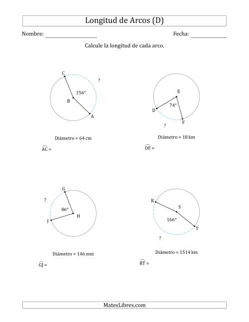 La hoja de ejercicios de Calcular la Longitud de un Arco a partir del Diámetro (D)