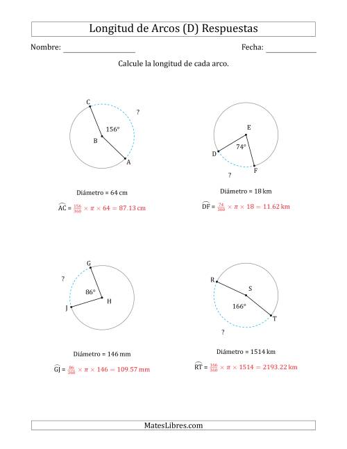 La hoja de ejercicios de Calcular la Longitud de un Arco a partir del Diámetro (D) Página 2
