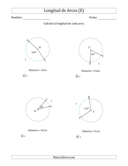La hoja de ejercicios de Calcular la Longitud de un Arco a partir del Diámetro (E)