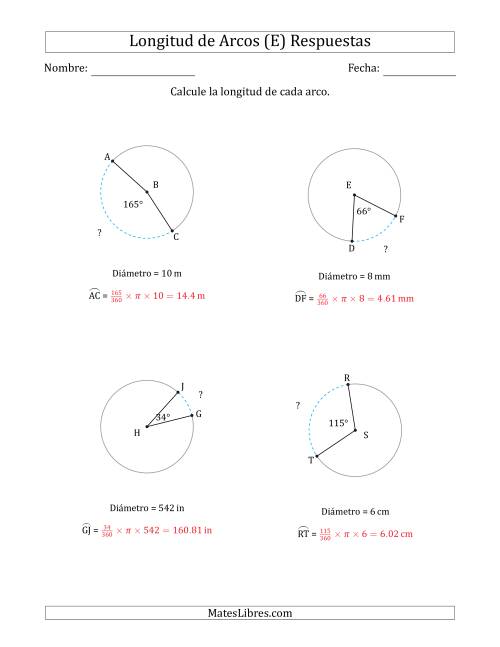 La hoja de ejercicios de Calcular la Longitud de un Arco a partir del Diámetro (E) Página 2