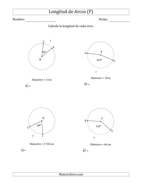 La hoja de ejercicios de Calcular la Longitud de un Arco a partir del Diámetro (F)