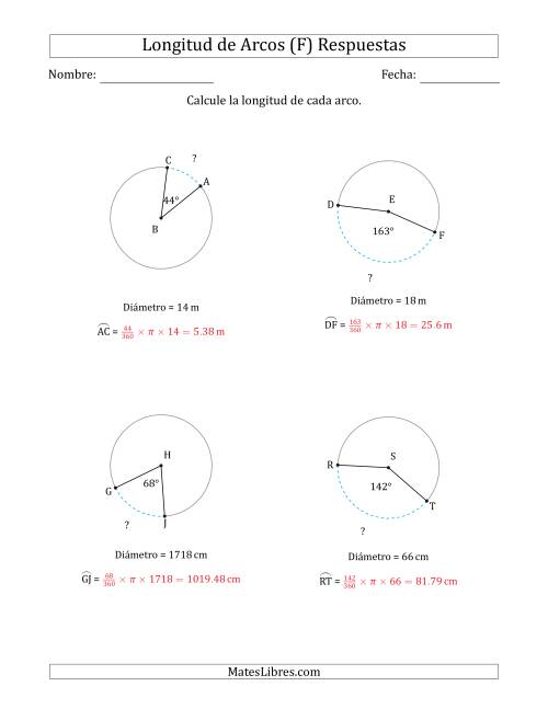 La hoja de ejercicios de Calcular la Longitud de un Arco a partir del Diámetro (F) Página 2