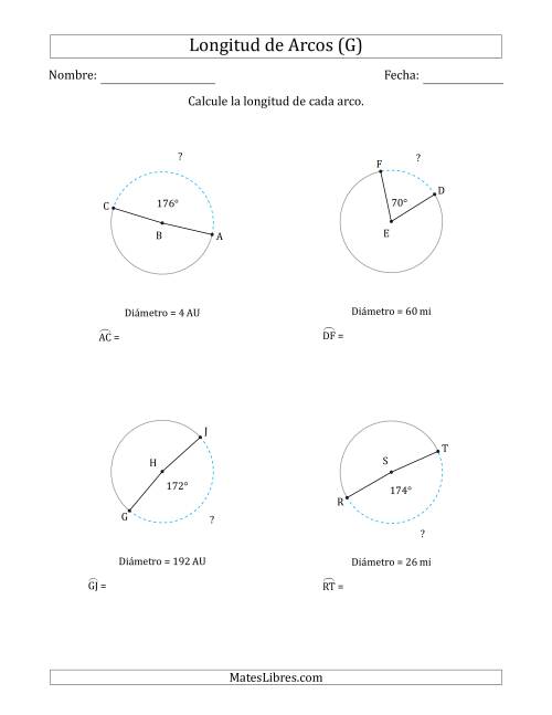 La hoja de ejercicios de Calcular la Longitud de un Arco a partir del Diámetro (G)