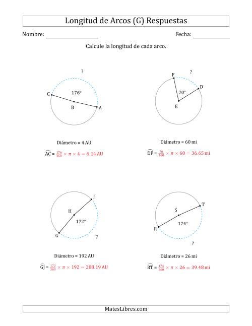 La hoja de ejercicios de Calcular la Longitud de un Arco a partir del Diámetro (G) Página 2