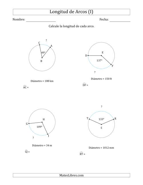 La hoja de ejercicios de Calcular la Longitud de un Arco a partir del Diámetro (I)