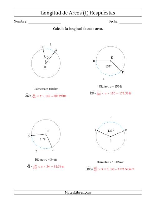 La hoja de ejercicios de Calcular la Longitud de un Arco a partir del Diámetro (I) Página 2