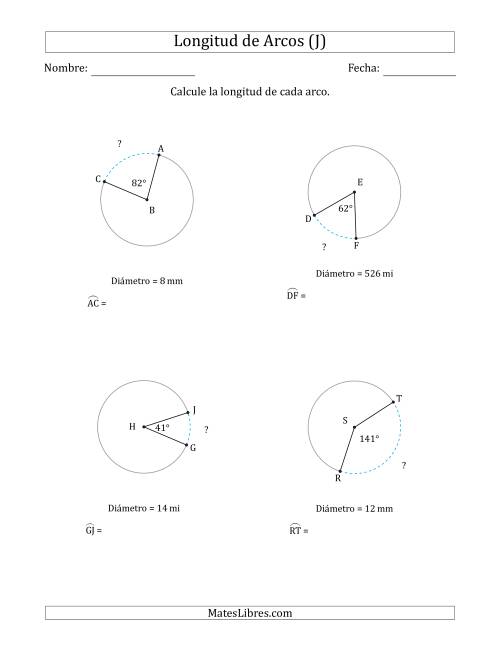 La hoja de ejercicios de Calcular la Longitud de un Arco a partir del Diámetro (J)