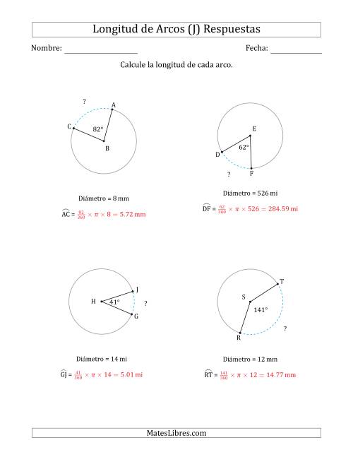 La hoja de ejercicios de Calcular la Longitud de un Arco a partir del Diámetro (J) Página 2