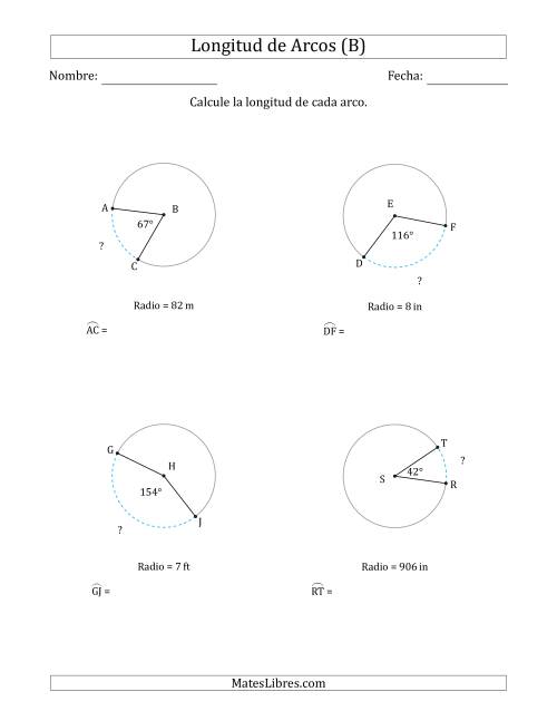 La hoja de ejercicios de Calcular la Longitud de un Arco a partir del Radio (B)