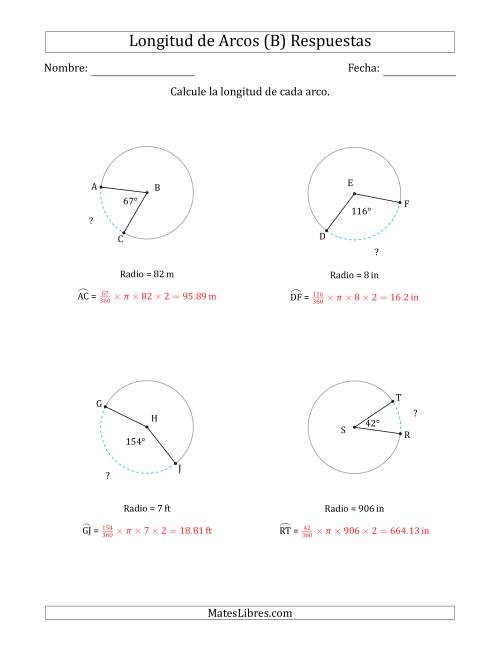 La hoja de ejercicios de Calcular la Longitud de un Arco a partir del Radio (B) Página 2