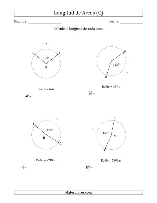 La hoja de ejercicios de Calcular la Longitud de un Arco a partir del Radio (C)