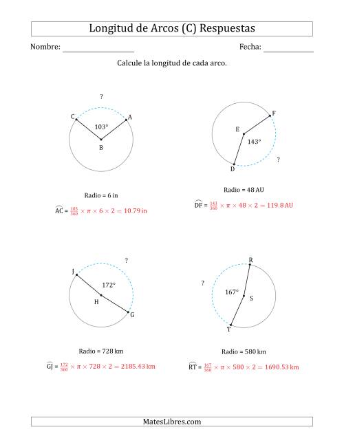 La hoja de ejercicios de Calcular la Longitud de un Arco a partir del Radio (C) Página 2