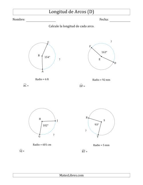 La hoja de ejercicios de Calcular la Longitud de un Arco a partir del Radio (D)