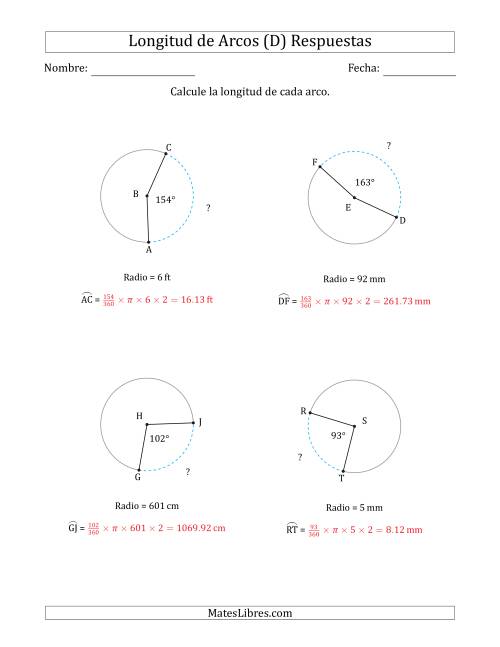 La hoja de ejercicios de Calcular la Longitud de un Arco a partir del Radio (D) Página 2