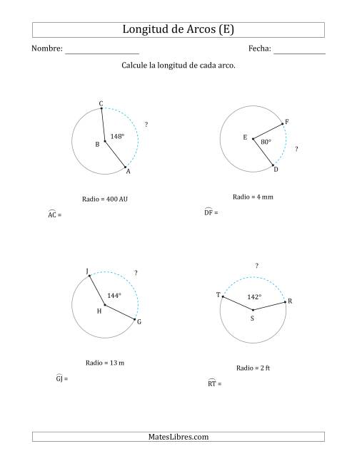 La hoja de ejercicios de Calcular la Longitud de un Arco a partir del Radio (E)