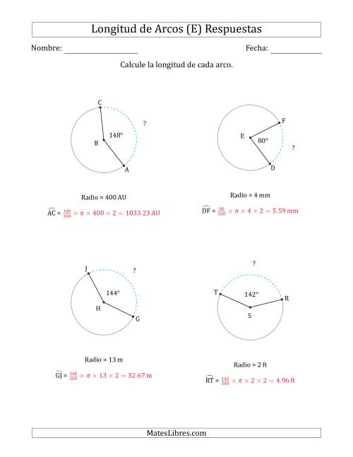 La hoja de ejercicios de Calcular la Longitud de un Arco a partir del Radio (E) Página 2