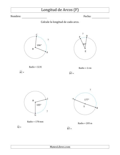 La hoja de ejercicios de Calcular la Longitud de un Arco a partir del Radio (F)