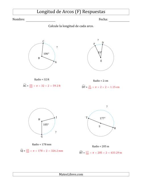 La hoja de ejercicios de Calcular la Longitud de un Arco a partir del Radio (F) Página 2