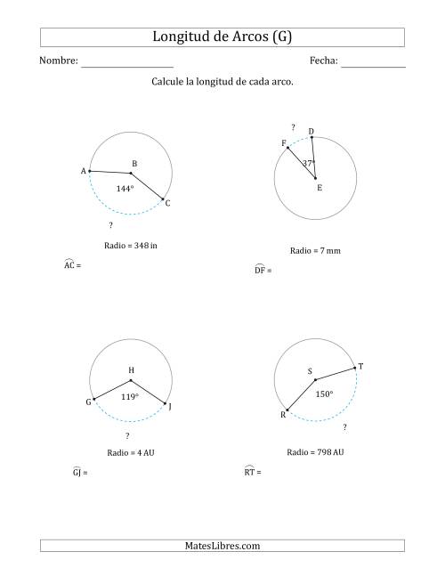 La hoja de ejercicios de Calcular la Longitud de un Arco a partir del Radio (G)
