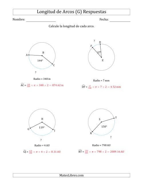 La hoja de ejercicios de Calcular la Longitud de un Arco a partir del Radio (G) Página 2