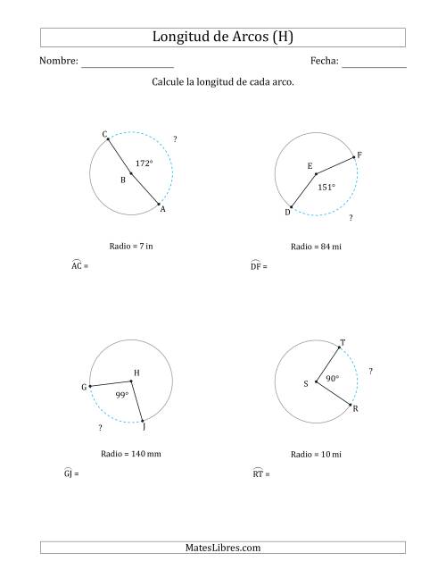 La hoja de ejercicios de Calcular la Longitud de un Arco a partir del Radio (H)