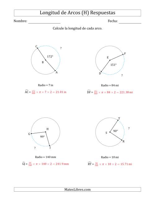 La hoja de ejercicios de Calcular la Longitud de un Arco a partir del Radio (H) Página 2