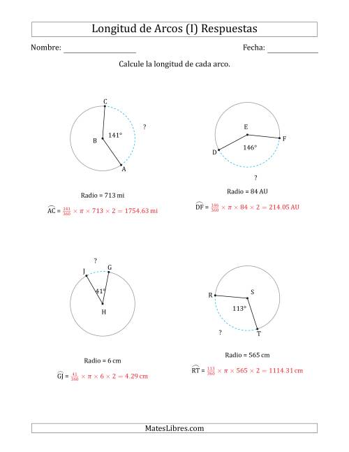 La hoja de ejercicios de Calcular la Longitud de un Arco a partir del Radio (I) Página 2
