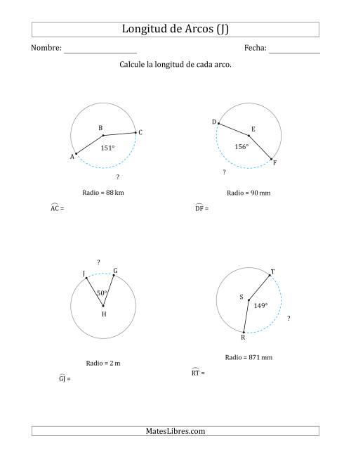 La hoja de ejercicios de Calcular la Longitud de un Arco a partir del Radio (J)