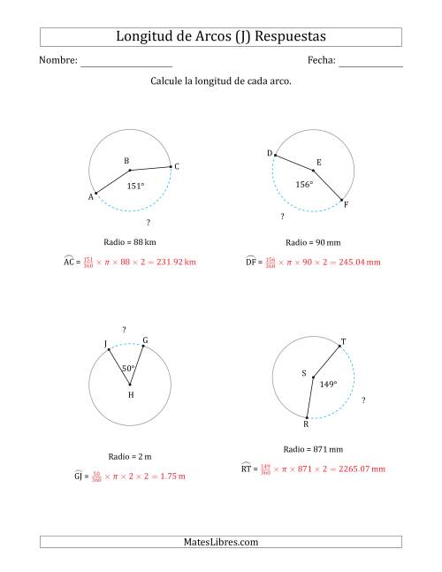 La hoja de ejercicios de Calcular la Longitud de un Arco a partir del Radio (J) Página 2