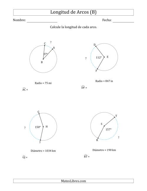 La hoja de ejercicios de Calcular la Longitud de un Arco a partir del Radio o el Diámetro (B)
