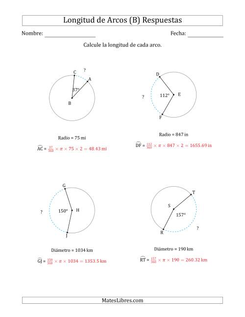 La hoja de ejercicios de Calcular la Longitud de un Arco a partir del Radio o el Diámetro (B) Página 2