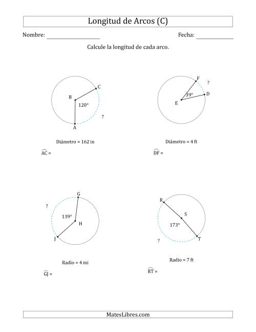 La hoja de ejercicios de Calcular la Longitud de un Arco a partir del Radio o el Diámetro (C)