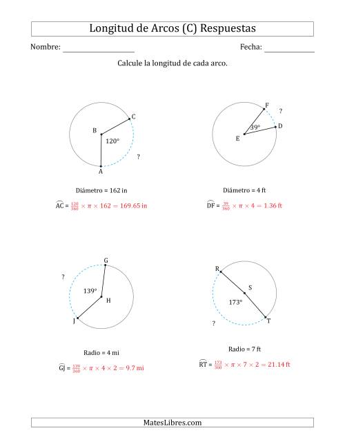 La hoja de ejercicios de Calcular la Longitud de un Arco a partir del Radio o el Diámetro (C) Página 2