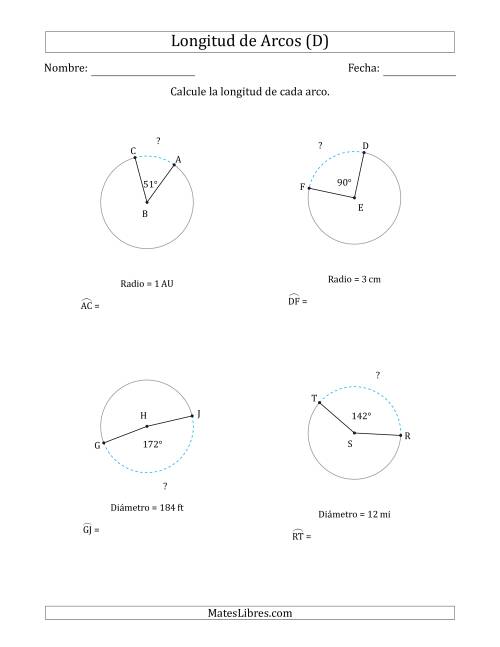 La hoja de ejercicios de Calcular la Longitud de un Arco a partir del Radio o el Diámetro (D)