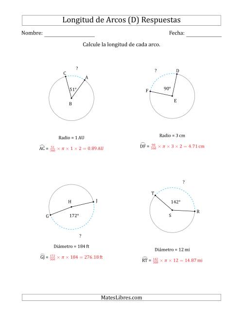 La hoja de ejercicios de Calcular la Longitud de un Arco a partir del Radio o el Diámetro (D) Página 2