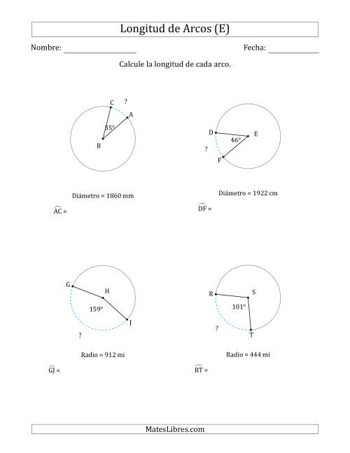 La hoja de ejercicios de Calcular la Longitud de un Arco a partir del Radio o el Diámetro (E)