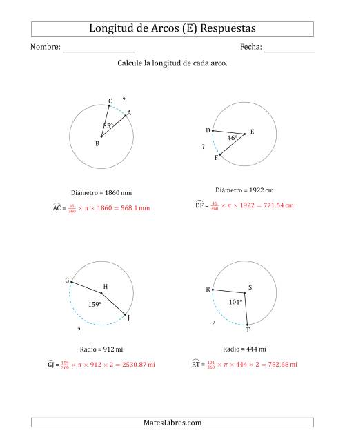 La hoja de ejercicios de Calcular la Longitud de un Arco a partir del Radio o el Diámetro (E) Página 2