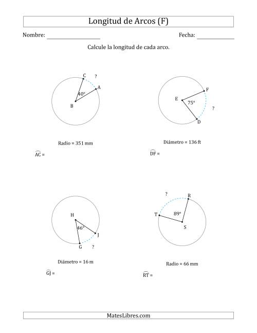 La hoja de ejercicios de Calcular la Longitud de un Arco a partir del Radio o el Diámetro (F)