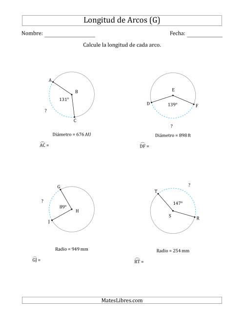 La hoja de ejercicios de Calcular la Longitud de un Arco a partir del Radio o el Diámetro (G)