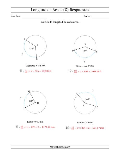 La hoja de ejercicios de Calcular la Longitud de un Arco a partir del Radio o el Diámetro (G) Página 2
