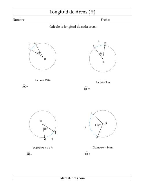 La hoja de ejercicios de Calcular la Longitud de un Arco a partir del Radio o el Diámetro (H)